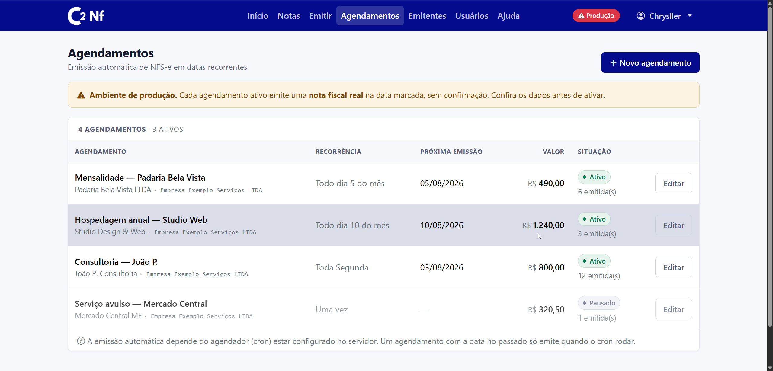 Lista de agendamentos de emissão automática de NFS-e, com recorrências mensal e semanal
