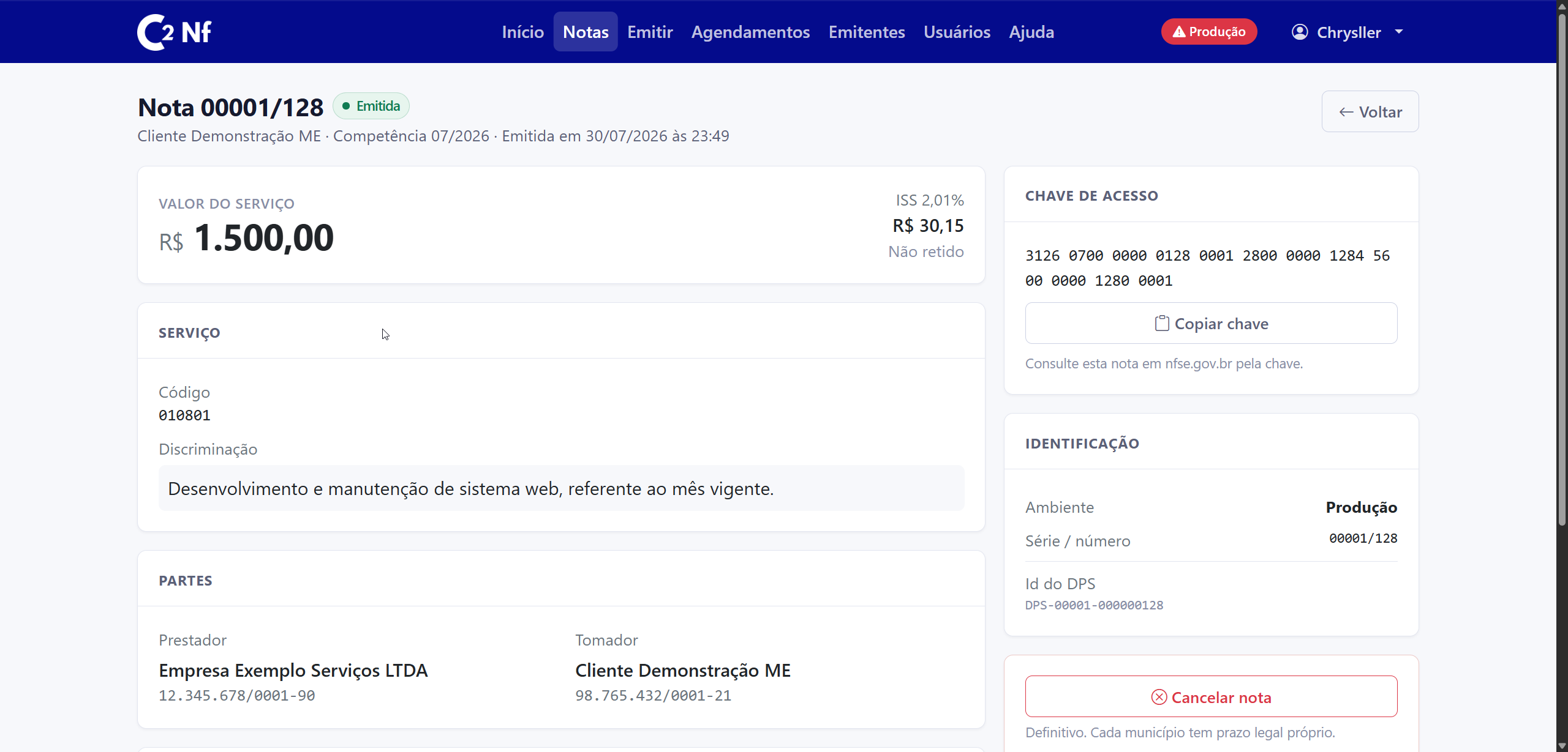 Tela de detalhe de uma NFS-e no C2 Nf, com valor, ISS, chave de acesso e dados das partes